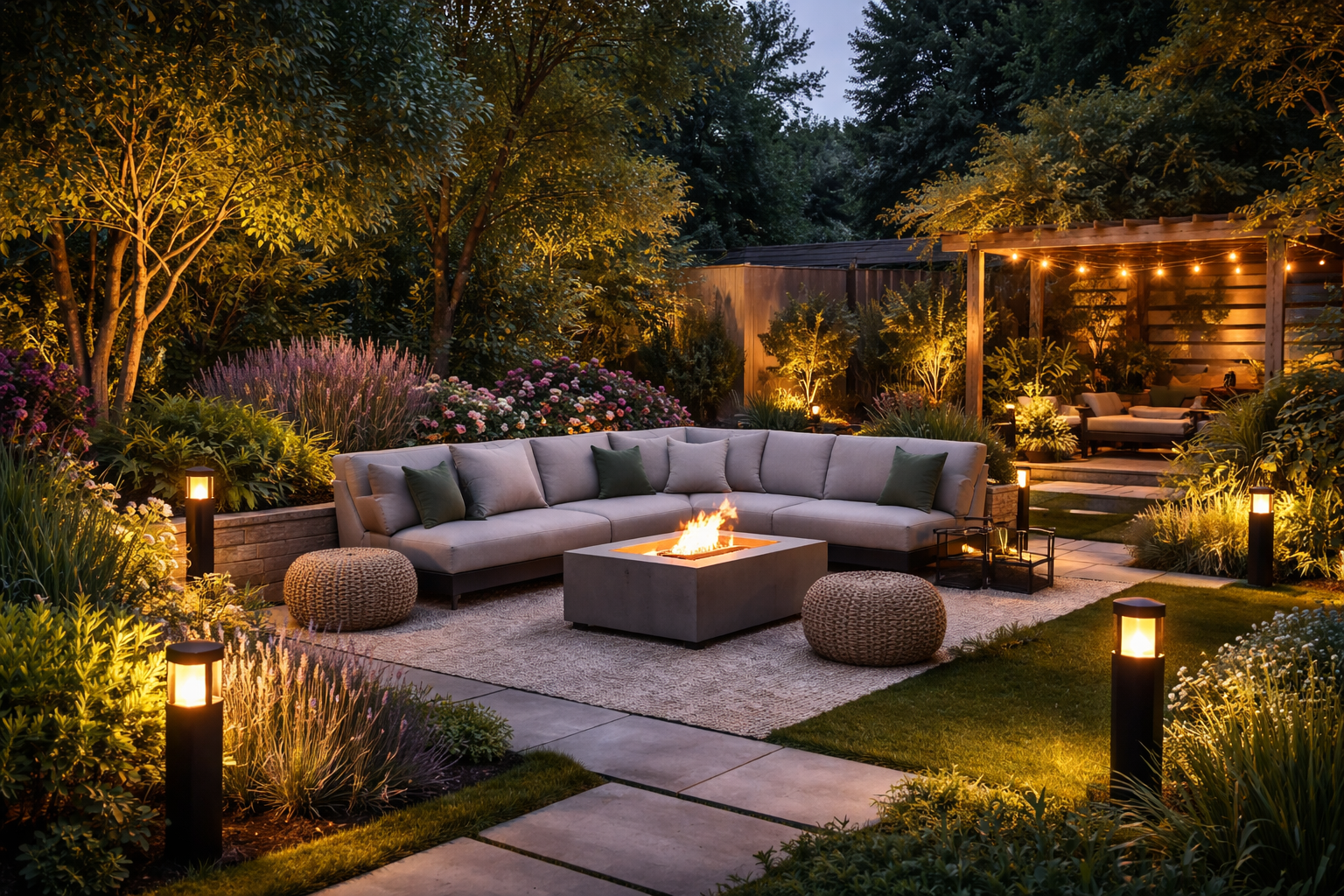 Уютна градина при здрач