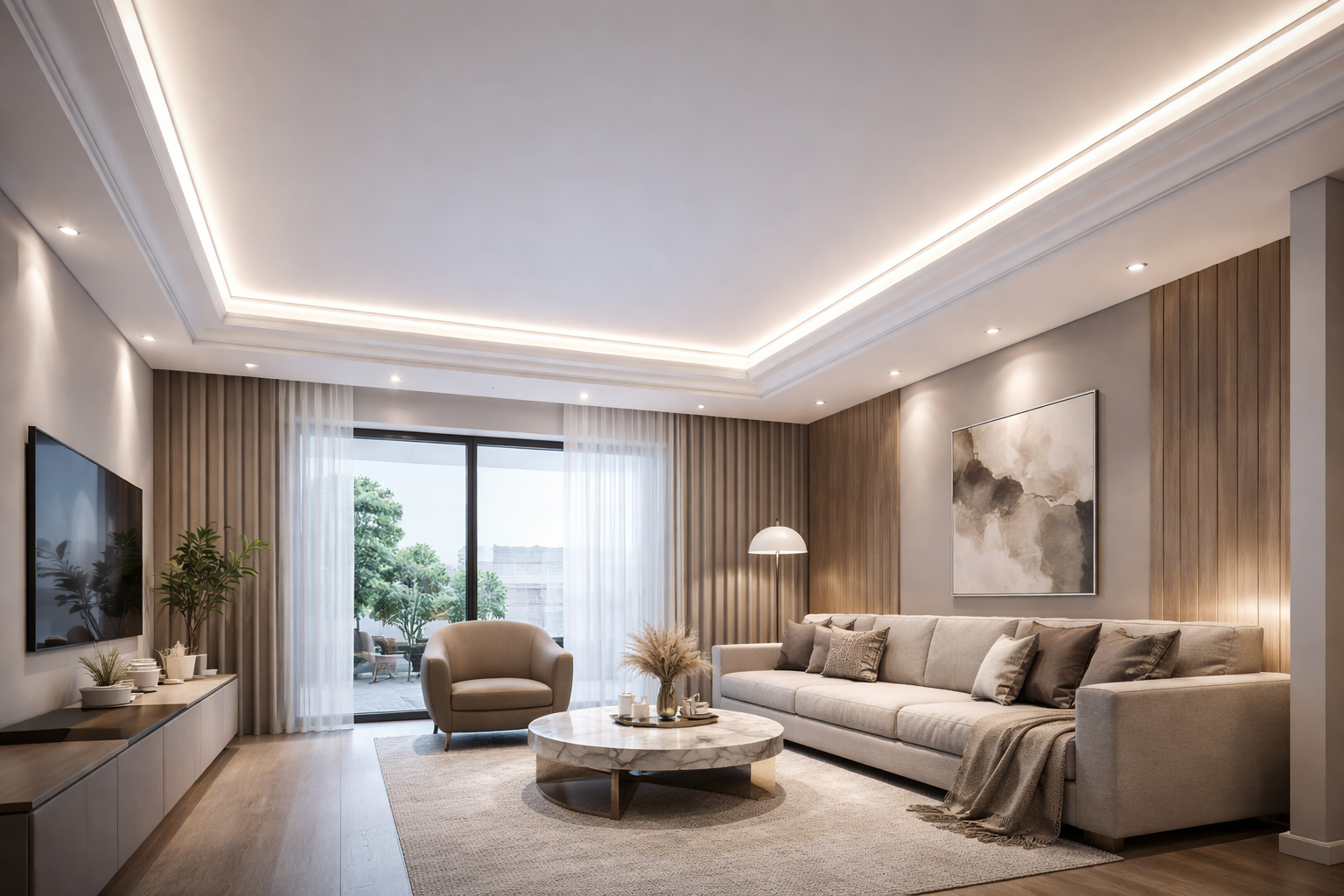 Всекидневна с корнизи (профили) за скрито лед осветление